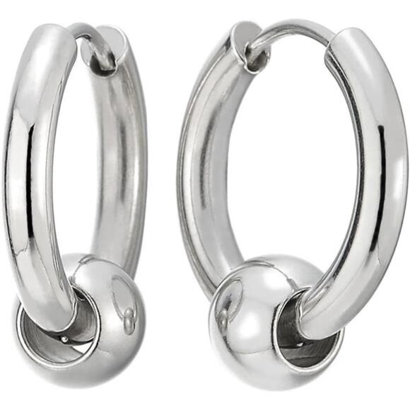 Stainless Steel Circle Beads Huggie Hinged Hoop Earrings for Men 2pcs Trendy